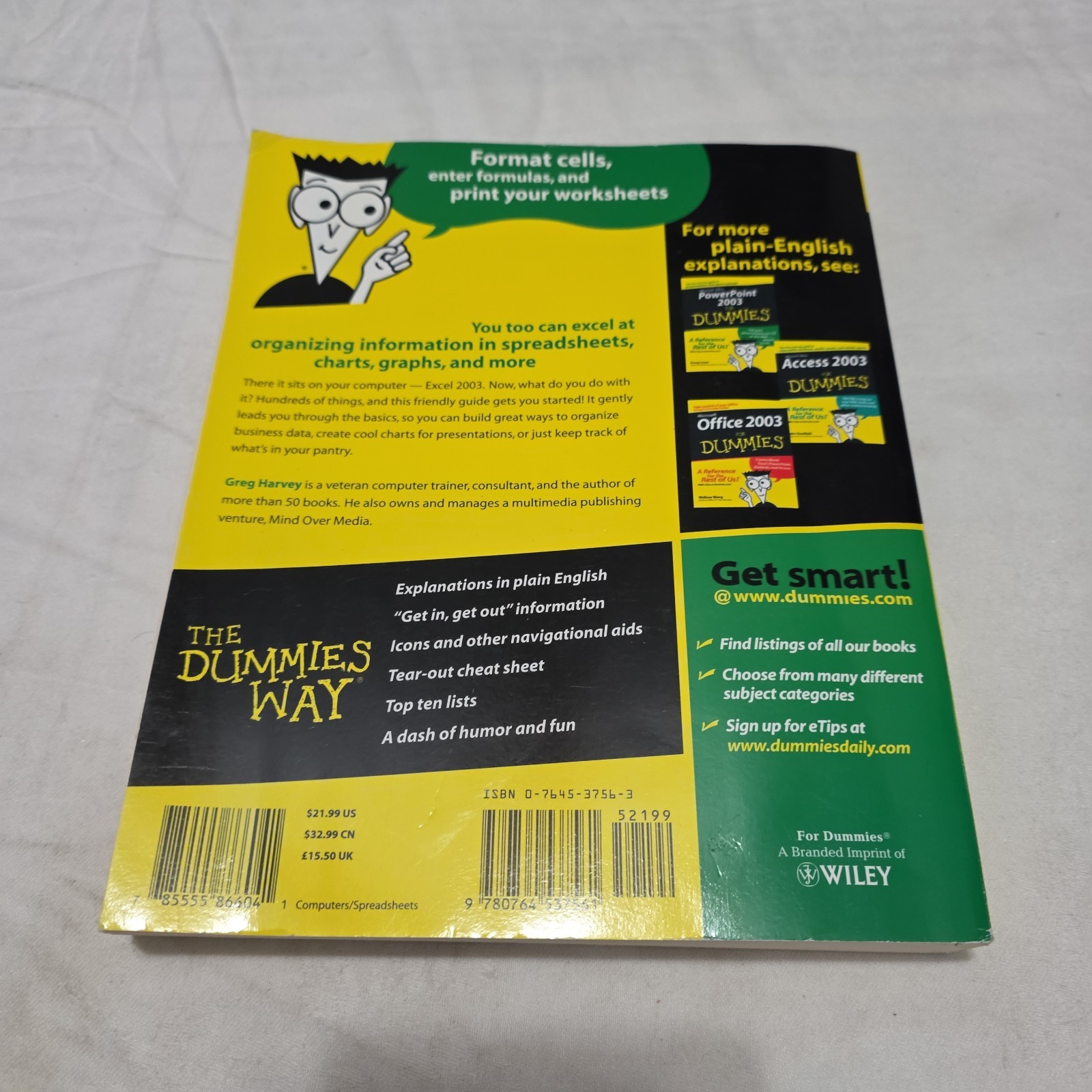 Microsoft Office Excel 2003 for Dummies by Greg Harvey (Paperback Book) Used