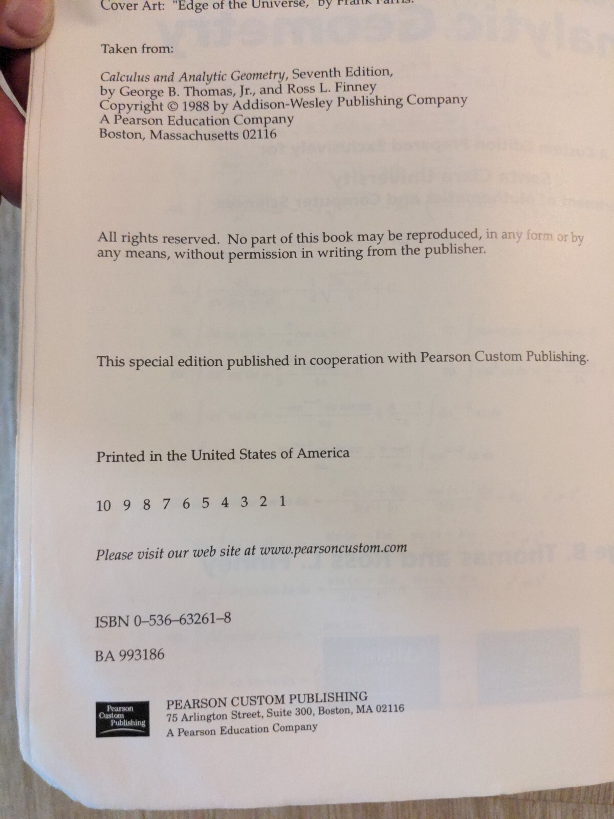 Calculus and Analytic Geometry Volume 1 – Custom Edition for Santa Clara Uni..