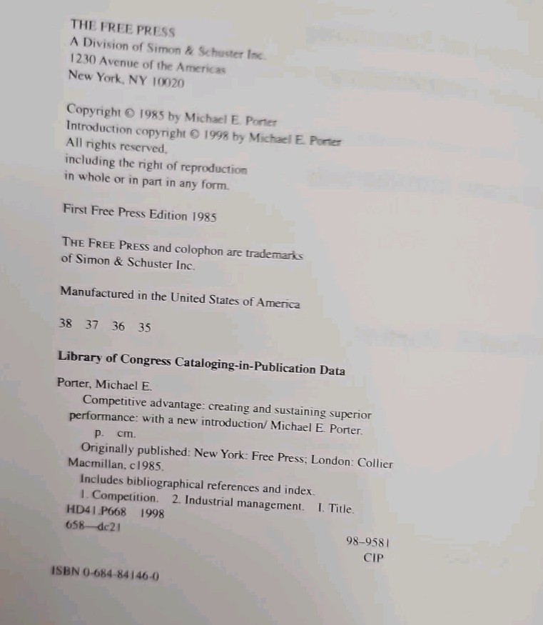 Competitive Advantage by Michael Porter 1985 1st Edition Free Press Book