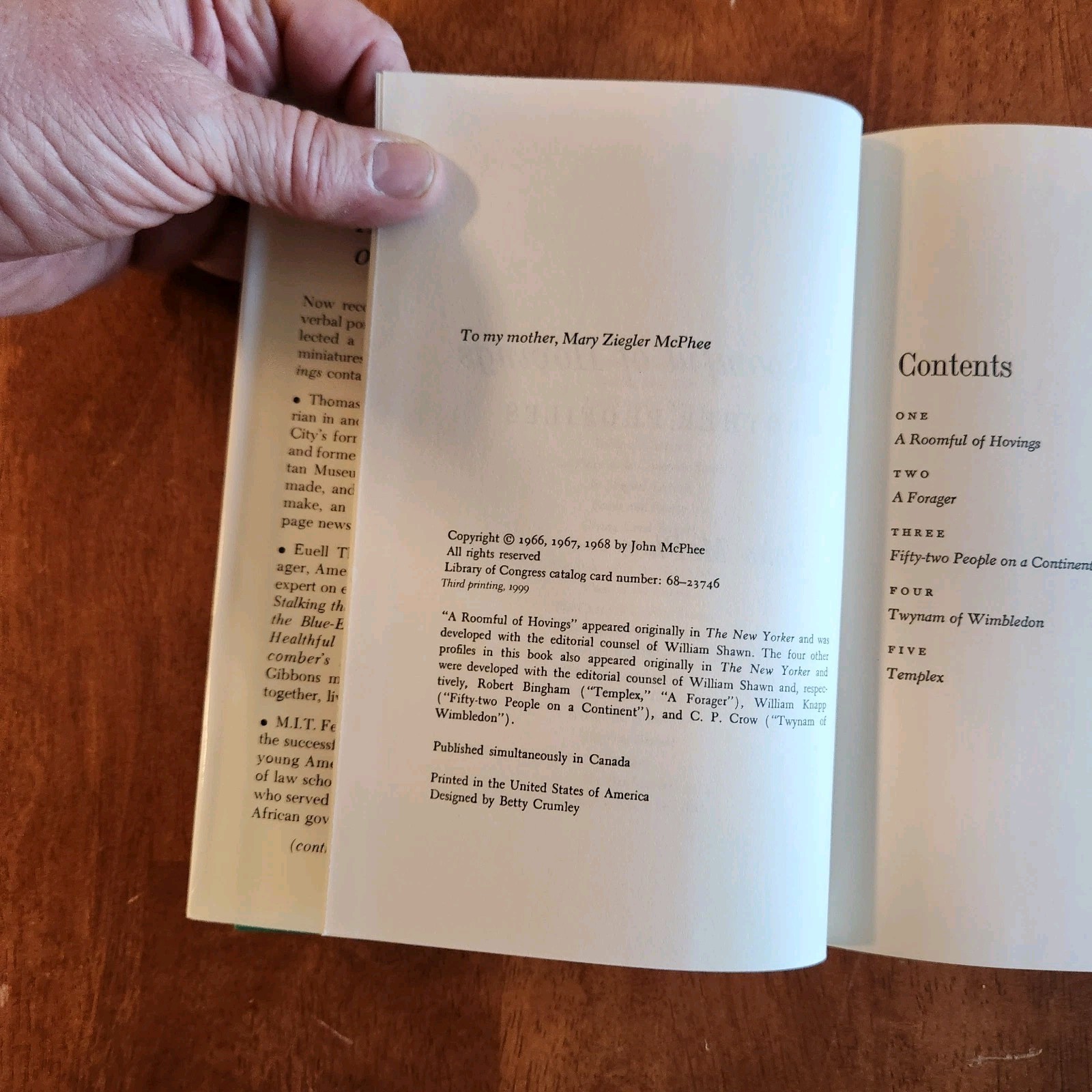 A Roomful of Hovings and Other Profil by John McPhee – 3rd Printing 1999