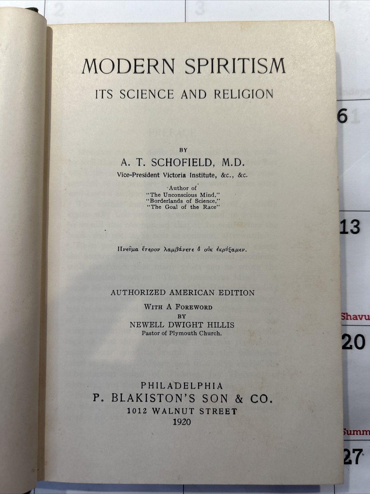 Modern Spiritism – its Science and Religion – A. T. Schofield – 1920 – 260 pages