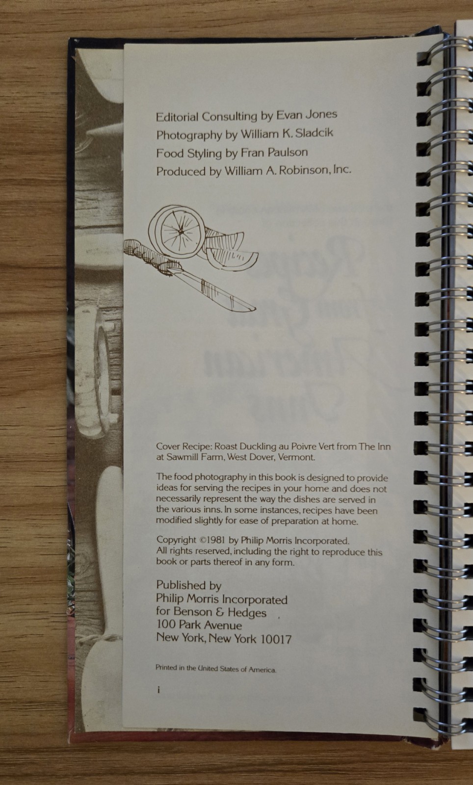 Benson & Hedges Cookbook 1981 Recipes From Great American Inns Spiral Hardcover