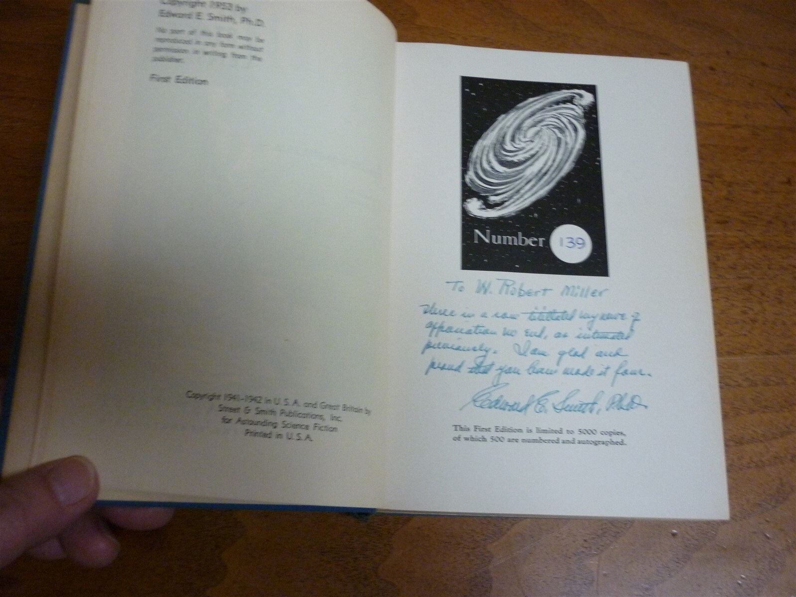 Edward E Smith. Second Stage Lensmen. #139/500. Inscribed by Smith. Good,poor dj