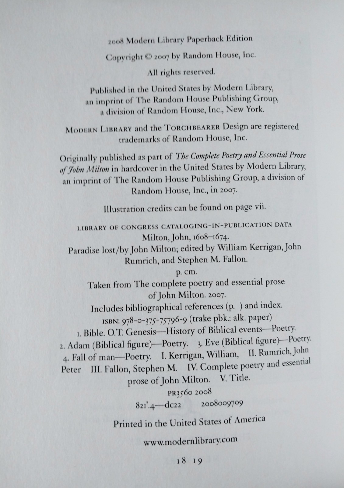 John Milton – Paradise Lost – Modern Library 18th Printing