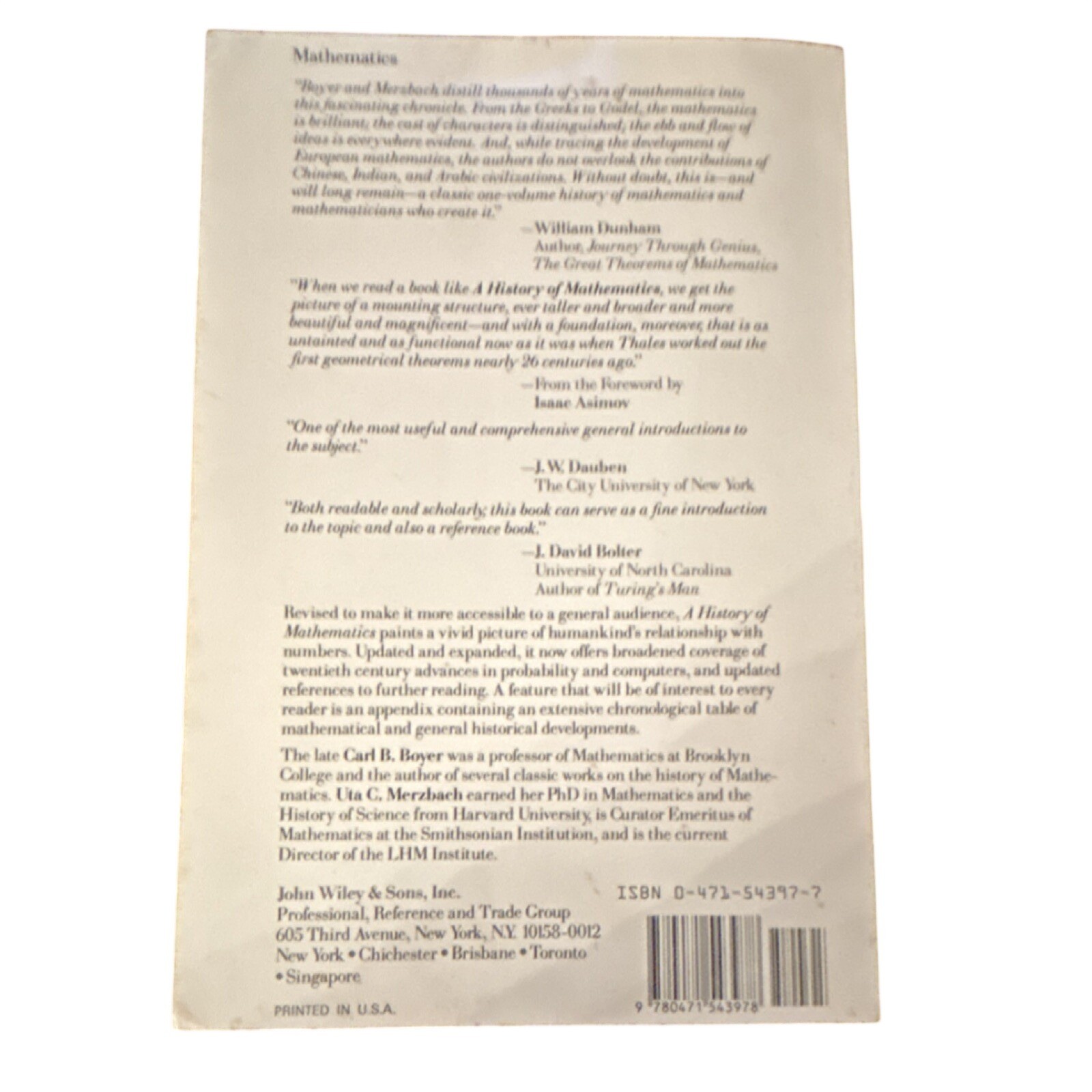 John Wiley & Sons A History of Mathematics Boyer Merzbach Paperback 2nd Ed 1989