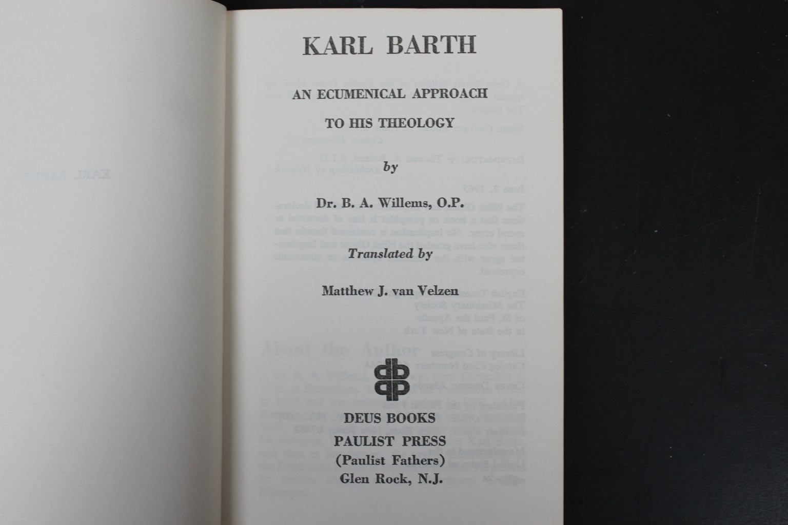 Karl Barth Ecumenical Approach Boniface Willems 1965 Theology Paulist Press PB