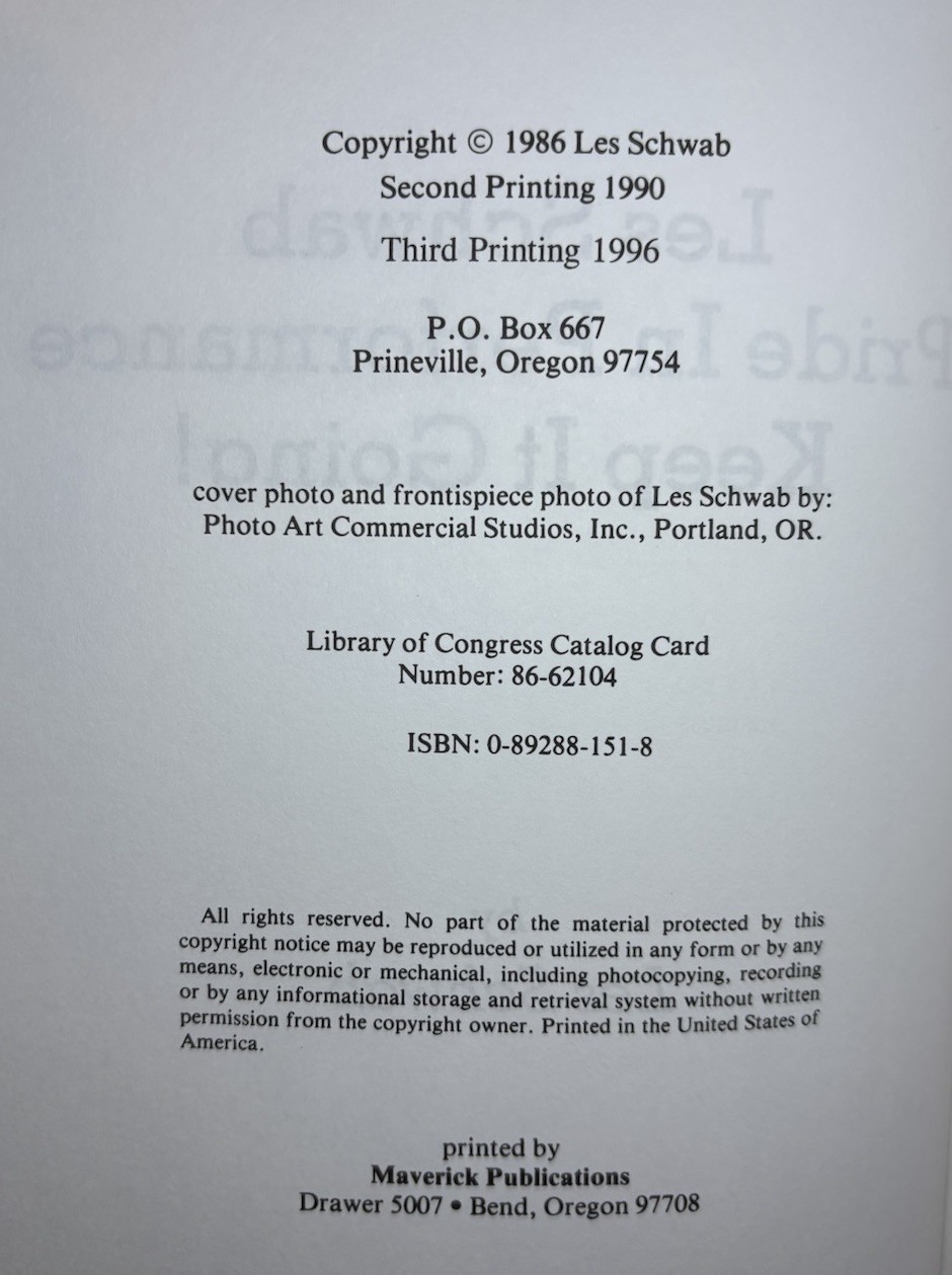 Les Schwab Pride in Performance Keep It Going HC/DJ 1996 3rd Printing VG Cond