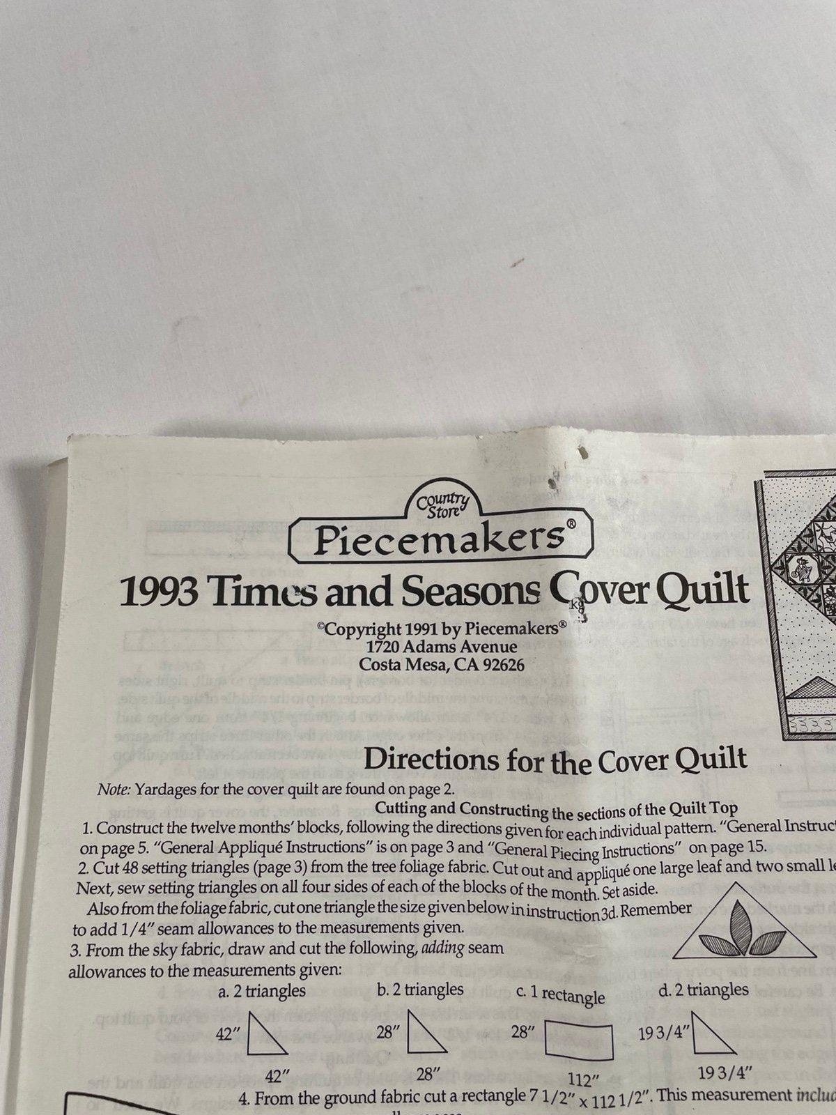 Country Store Piecemakers 1993 Times and Seasons Cover Quilt Pattern 18 pages
